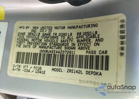 2010 Toyota Corolla Le z USA, uszkodzony, nr VIN 1NXBU4EE4AZ372911